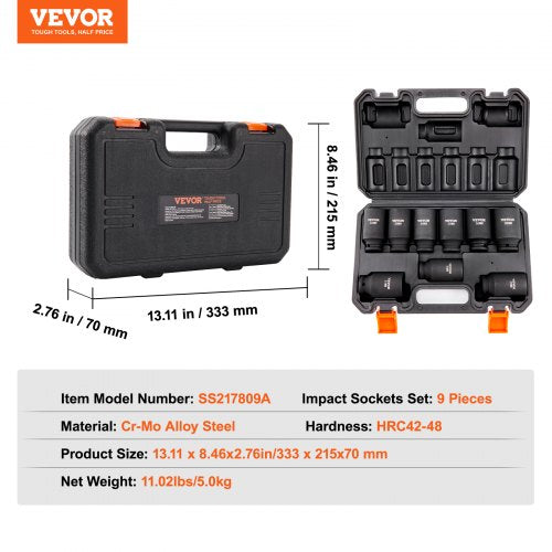 1/2" Drive Impact Socket Set 9 Piece Deep Socket Set Metric 29-38mm