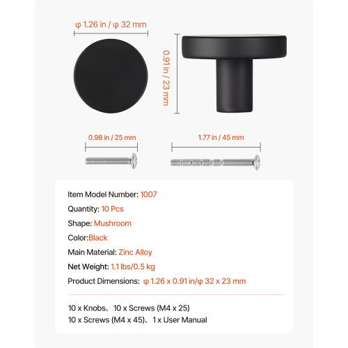 Cabinet Knobs 10 Pack 1.26 Inch Black Zinc Alloy Drawer Pulls Door