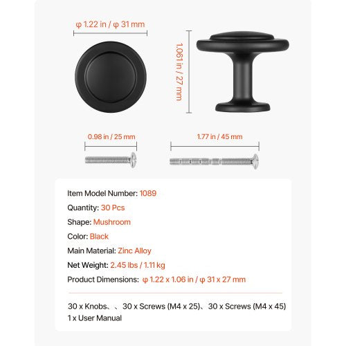 Cabinet Knobs 30 Pack 1.22 Inch Black Zinc Alloy Drawer Pulls Door