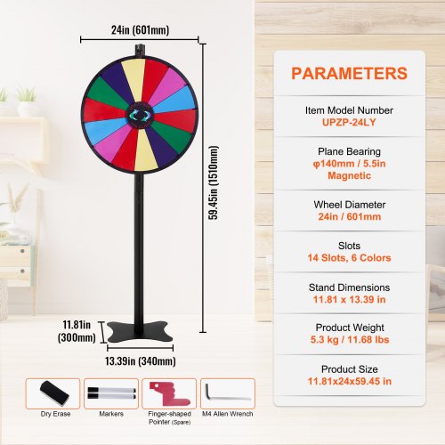 24 inch Spinning Prize Wheel 14 Slots Spinning Wheel Roulette Wheel with a Dry