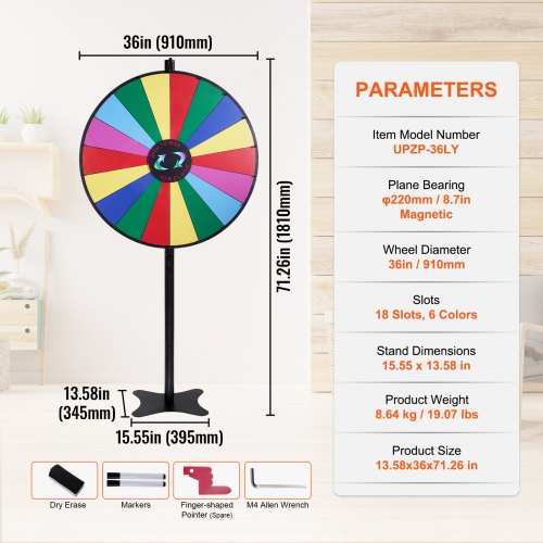 36 inch Spinning Prize Wheel 18 Slots Spinning Wheel Roulette Wheel with a Dry