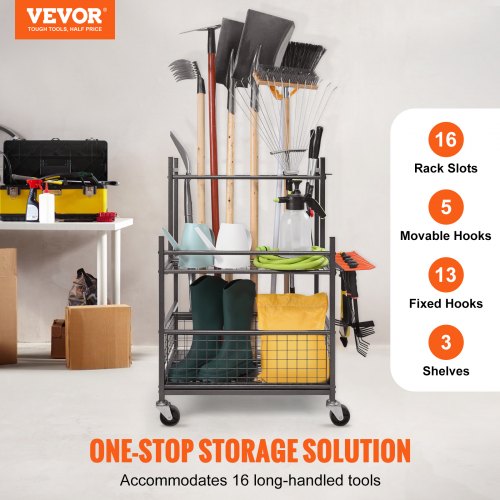 Garden Tool Organizer 16 Slots with Hooks Yard Tool Tower Rack with Wheels