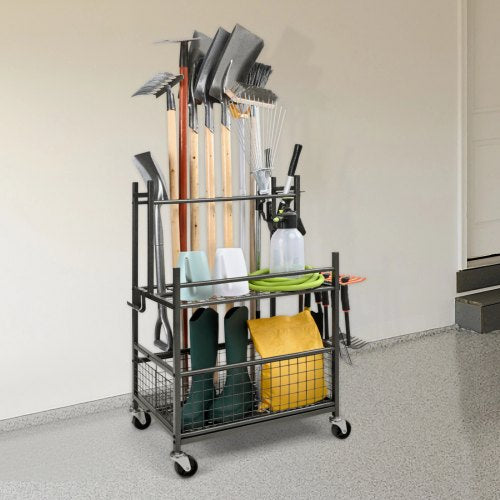 Garden Tool Organizer 16 Slots with Hooks Yard Tool Tower Rack with Wheels