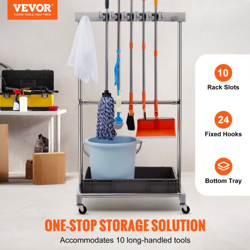 Garden Tool Organizer 10 Slots with Hooks Yard Tool Tower Rack with Wheels