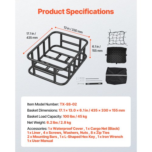 Rear Bike Basket Medium Bicycle Basket with Cargo Net Liner Waterproof