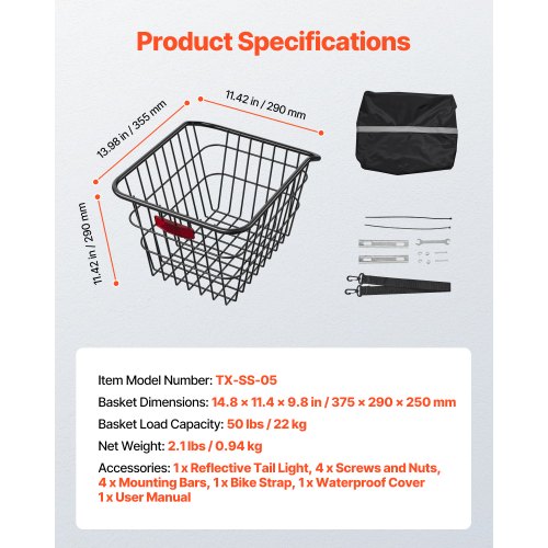 Rear Bike Basket Metal Wire Bicycle Basket with Reflective Tail Light