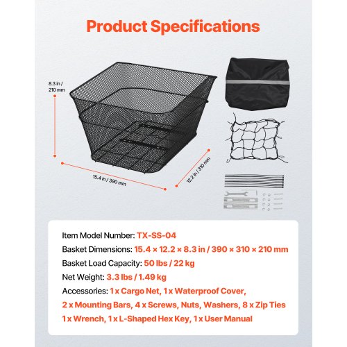 Rear Bike Basket Wire Mesh Bicycle Basket with Cargo Net Waterproof