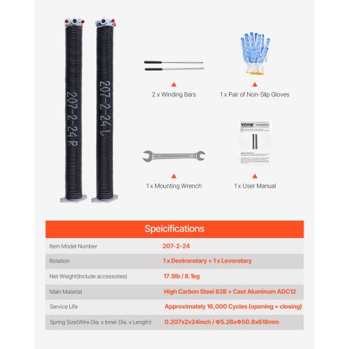 Garage Door Torsion Springs Pair of 0207 x 2 x 24 in 16000 Cycles