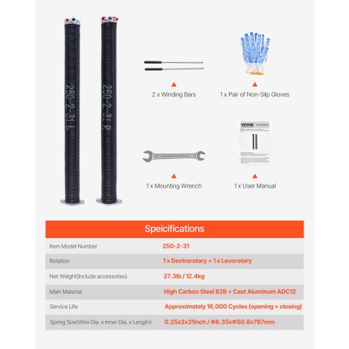 Garage Door Torsion Springs Pair of 025 x 2 x 31 in 16000 Cycles