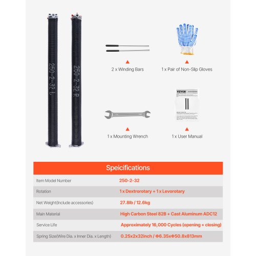 Garage Door Torsion Springs Pair of 025 x 2 x 32 in 16000 Cycles