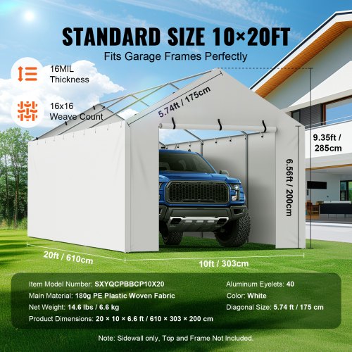 Carport Replacement Canopy Cover Side Wall 10 x 20 ft Garage Tent Shelter