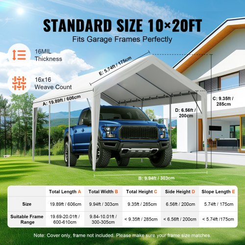 Carport Replacement Canopy Cover 10 x 20 ft Garage Top Tent Shelter Tarp