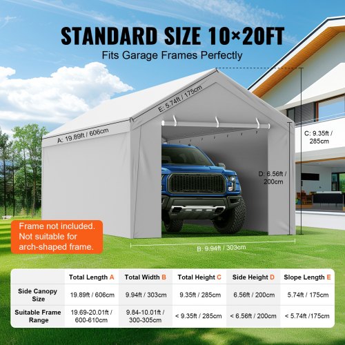 Carport Replacement Canopy Cover Top Side Wall 10 x 20 ft Garage Tent
