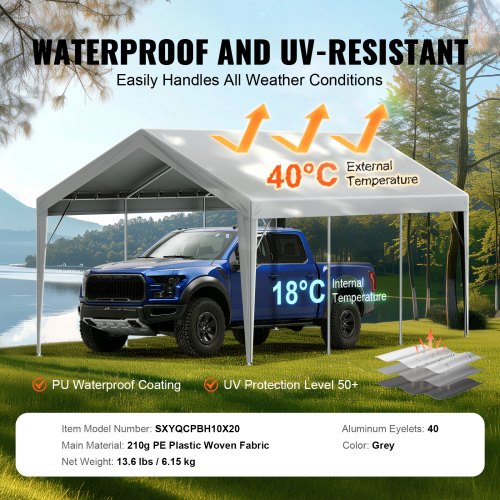 Carport Replacement Canopy Cover 10 x 20 ft Garage Top Tent Shelter Tarp