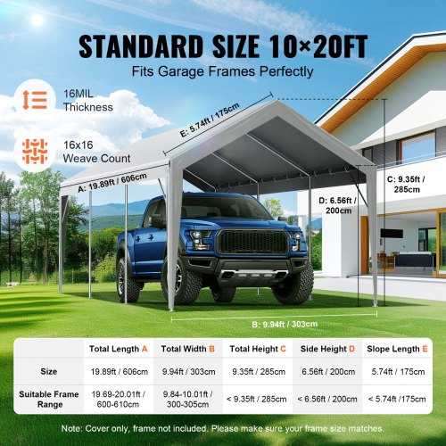 Carport Replacement Canopy Cover 10 x 20 ft Garage Top Tent Shelter Tarp
