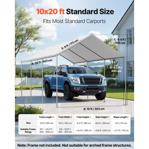 Carport Replacement Canopy 10 x 20 ft Potable Garage Tent Top Tarp