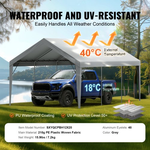 Carport Replacement Canopy Cover 12 x 20 ft Garage Top Tent Shelter Tarp