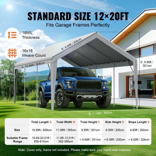 Carport Replacement Canopy Cover 12 x 20 ft Garage Top Tent Shelter Tarp