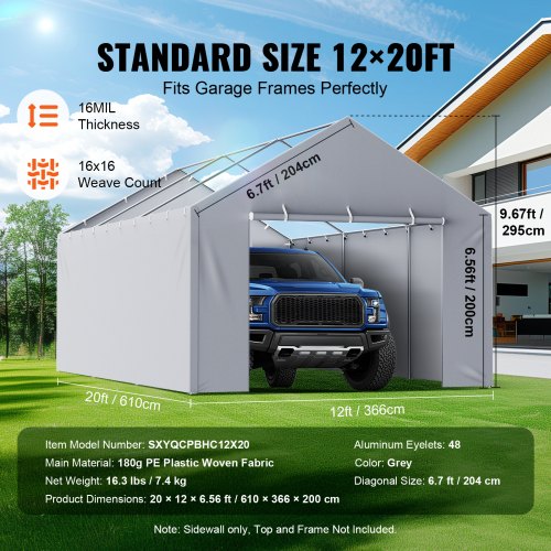 Carport Replacement Canopy Cover Side Wall 12 x 20 ft Garage Tent Shelter