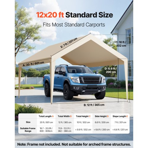 Carport Replacement Canopy 12 x 20 ft Potable Garage Tent Top Tarp