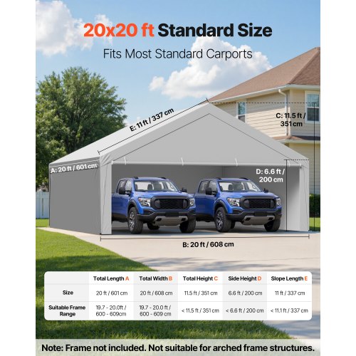 Carport Replacement Canopy 20 x 20 ft Potable Garage Tent Top Tarp