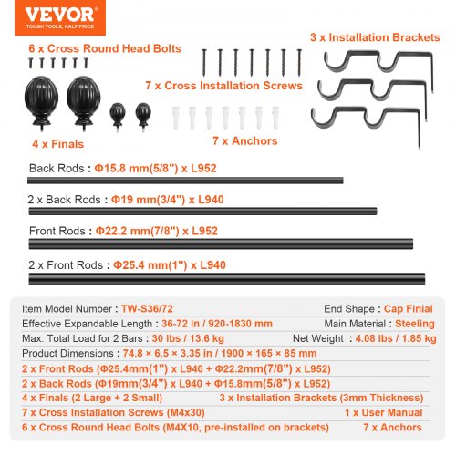 Double Rod Curtain Rods 3672 inches36ft Adjustable Length Black Double