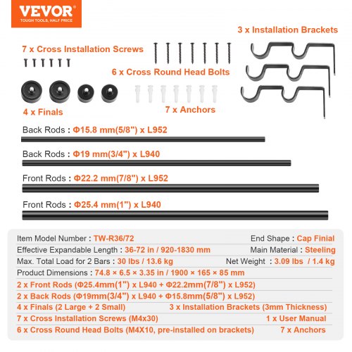 1 Inch Double Curtain Rods 36 to 72 Inches36ft Drapery Rods for Windows