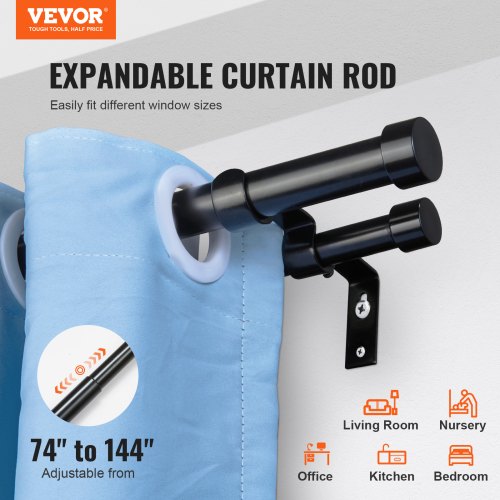 1 Inch Double Curtain Rods 74 to 144 Inches612ft Drapery Rods for Windows 69