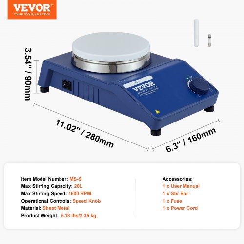 Magnetic Stirrer 01500 RPM Stir Plate with Adjustable Speed Knob 20L
