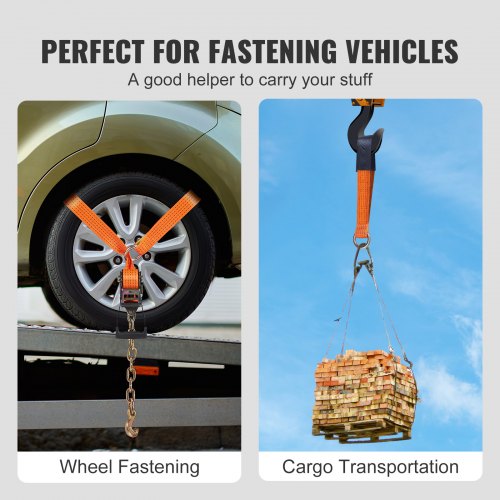 Car Tie Down with Chain Anchors Lasso Style 2×120 Tire Straps 5865 LBS