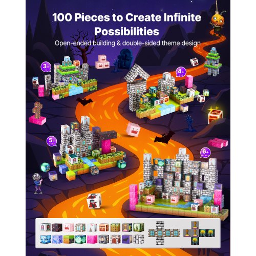 Magnetic Blocks 100 PCS Cemetery Zombies Set Magnetic Building Cubes for Kids