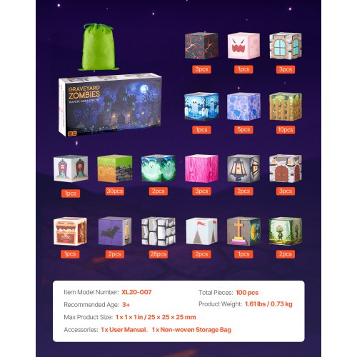 Magnetic Blocks 100 PCS Cemetery Zombies Set Magnetic Building Cubes for Kids