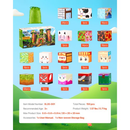 Magnetic Blocks 150 PCS Forest Castle Set Magnetic Building Cubes for Kids