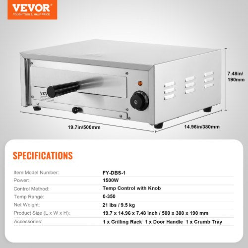 Electric Pizza Oven 12inch 1500W 122662 Temp Range Removable Crumb Tray