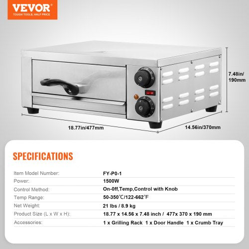 Electric Countertop Pizza Oven 12 1500W Adjustable Temp 0120Min Timer