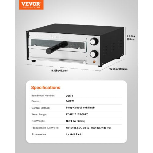 Electric Pizza Oven 12inch Countertops Pizza Ovens 572°F Max Temp 1450W