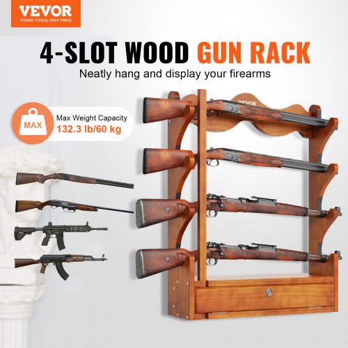 VEVOE Gun Rack Wood Gun Rack Wall Mount Gun Display Rack holds 4 Rifles