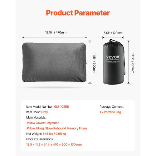 Camping Pillow Memory Foam Travel Pillow with DoubleSided Cover Portable