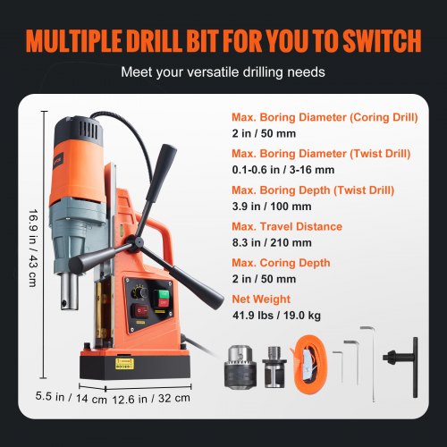 Magnetic Drill 1550W 2 Boring Diameter 2922lbf13000N 500 RPM Portable