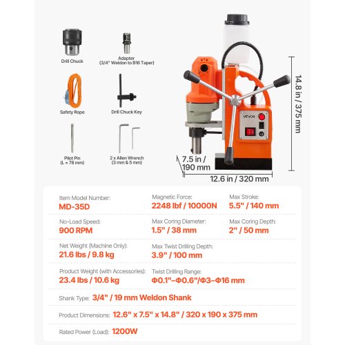Magnetic Drill Press 1200 W 1.5 in Boring Diameter 2248 lbf Power Mag