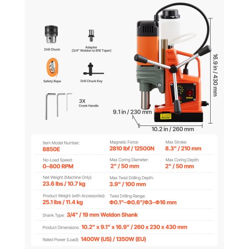 Magnetic Drill Press 1400 W 2 in Boring Diameter 2810 lbf Power Portable