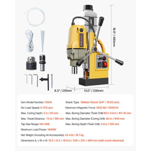 Magnetic Drill 1400W Motor 2 in Boring Diameter 2922 lbf Portable Electric