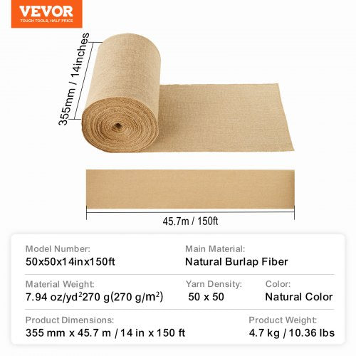 Burlap Fabric Roll 14” x 150 ft 50 x 50 High Density Wide Natural Burlap