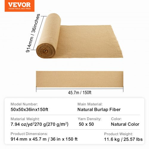 Burlap Fabric Roll 36” x 150 ft 50 x 50 High Density Wide Natural Burlap