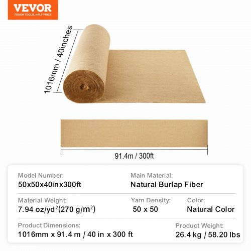 Burlap Fabric Roll 40” x 300 ft 50 x 50 High Density Wide Natural Burlap