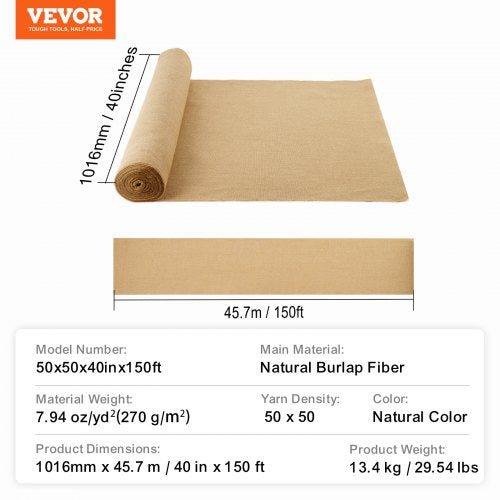 Burlap Fabric Roll 40” x 150 ft 50 x 50 High Density Wide Natural Burlap