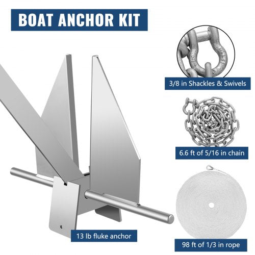 Boat Anchor Kit 13 lb Fluke Style Anchor Hot Dipped Galvanized Steel Fluke
