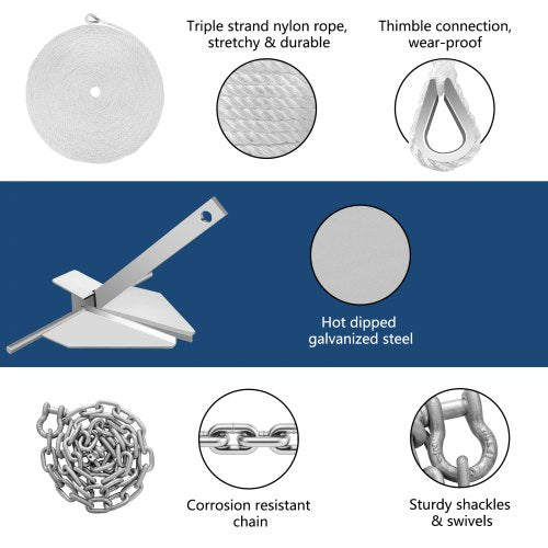 Boat Anchor Kit 13 lb Fluke Style Anchor Hot Dipped Galvanized Steel Fluke