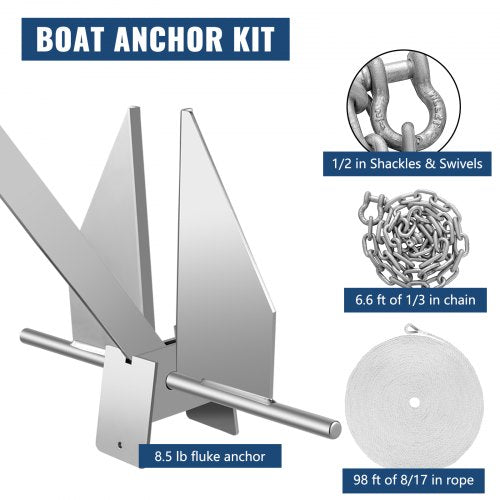Boat Anchor Kit 8.5 lb Fluke Style Anchor Hot Dipped Galvanized Steel Fluke
