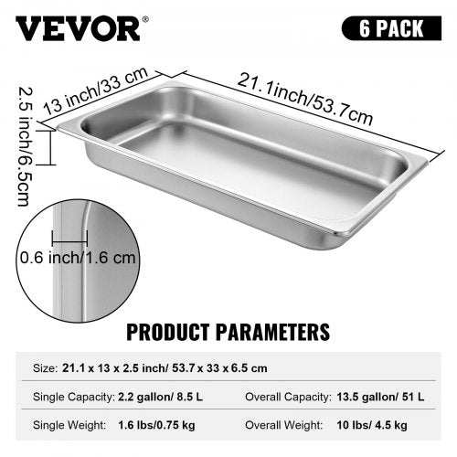 6 Pack Steam Table Pans 209 x 128 x 2.6 Inch Deep Steam Table Pan Full